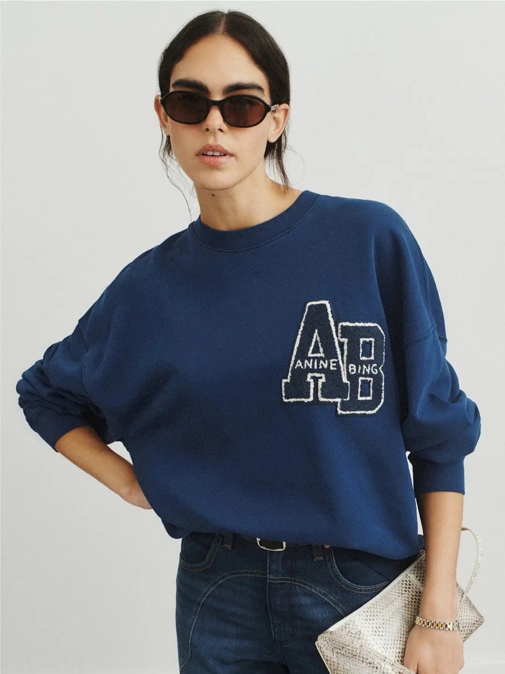 Anine Bing Miles Oversized Letterman Sweatshirt Washed Navy Blue